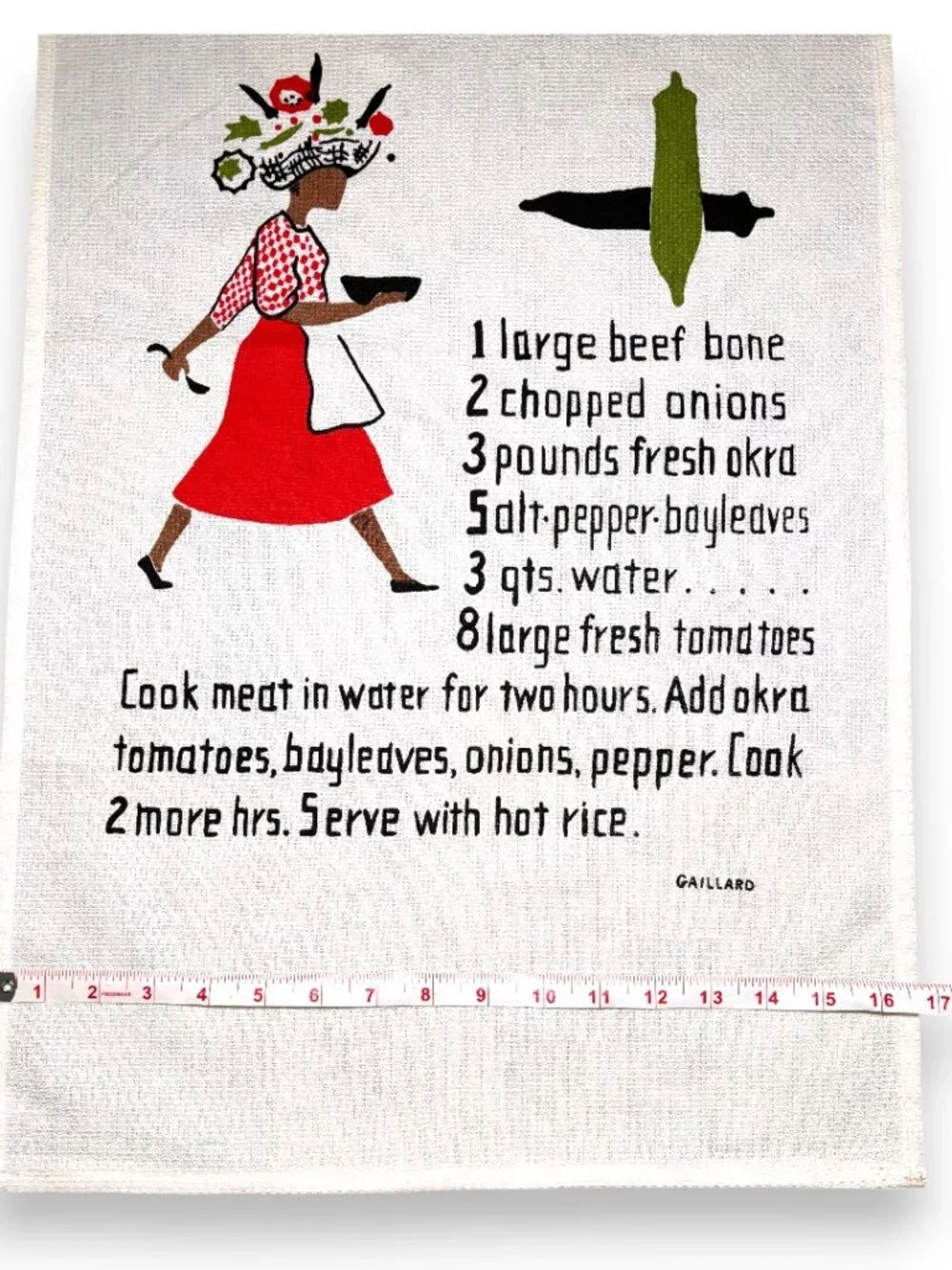 Vintage Gaillard Original Charleston Okra Soup Recipe Tea Towel Southern Folk Ar